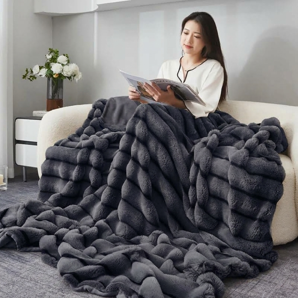 Plaid Anthracite – Fausse Fourrure Moelleuse à Relief Rayé - vue 3 | Aolina
