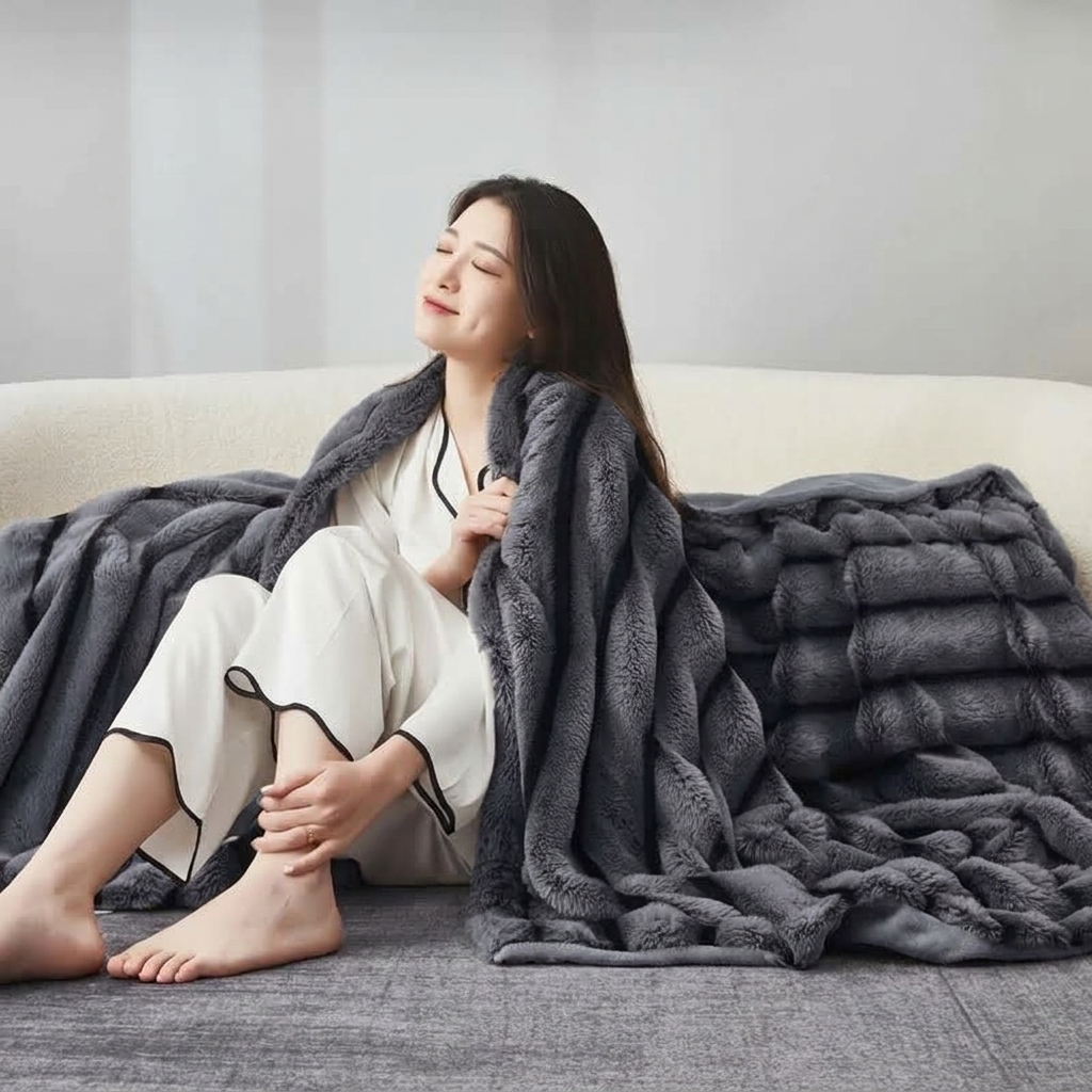 Plaid Anthracite – Fausse Fourrure Moelleuse à Relief Rayé - vue 2 | Aolina
