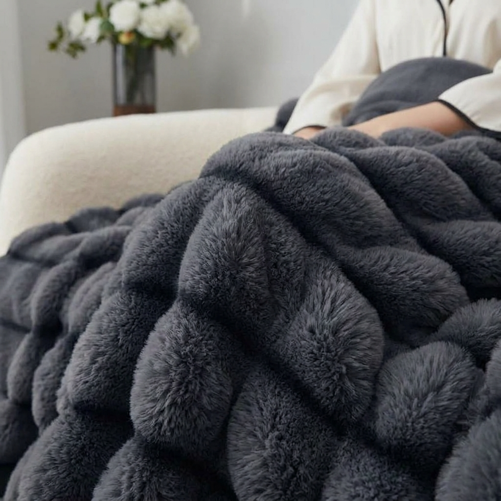 Plaid Anthracite – Fausse Fourrure Moelleuse à Relief Rayé - vue 5 | Aolina