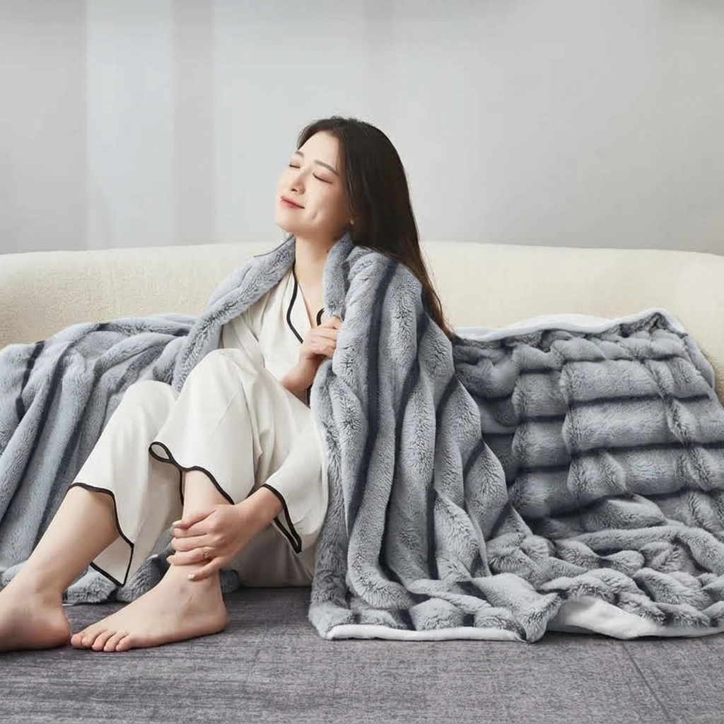 Plaid Gris – Fausse Fourrure Moelleuse à Relief Rayé - vue 2 | Aolina