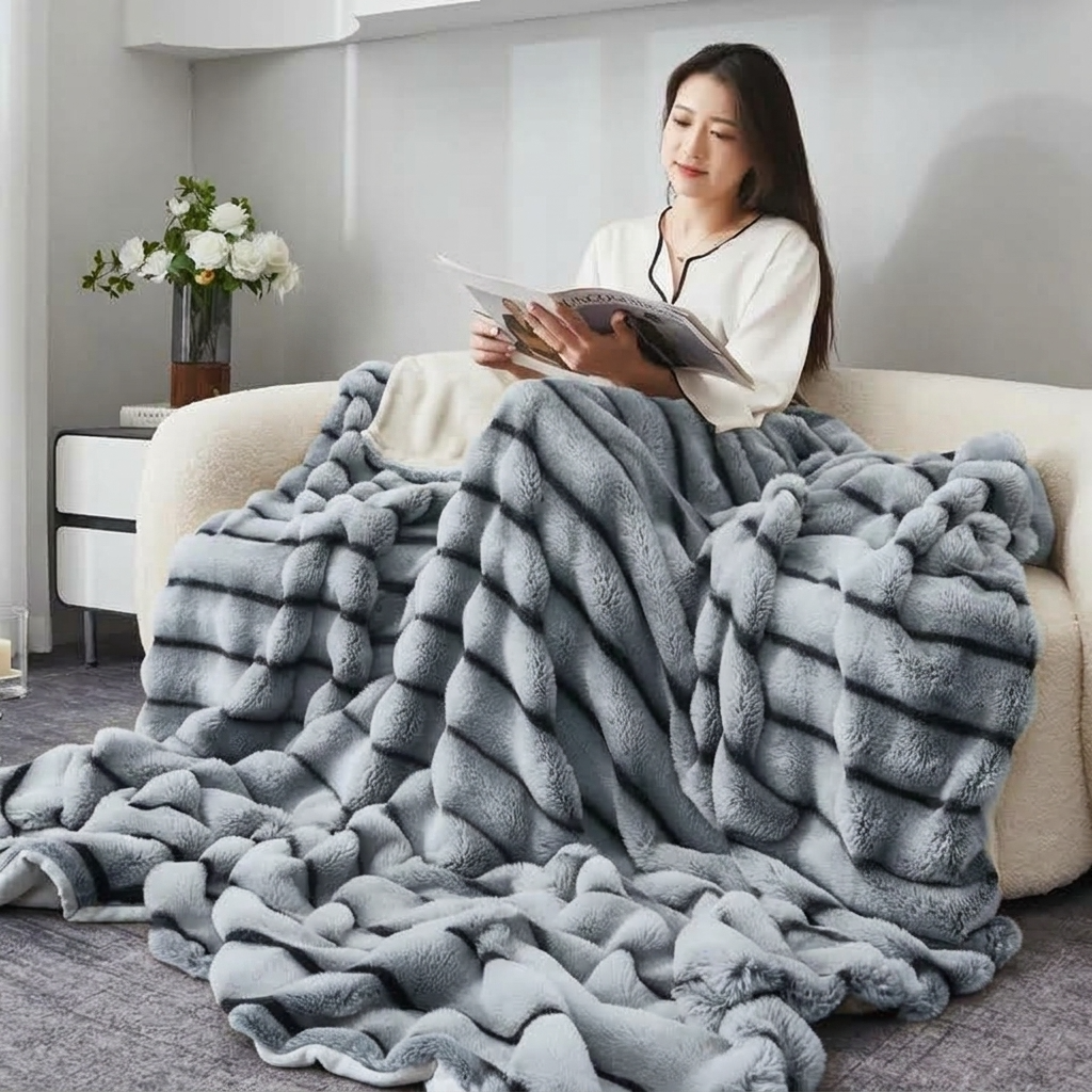 Plaid Gris – Fausse Fourrure Moelleuse à Relief Rayé - vue 5 | Aolina