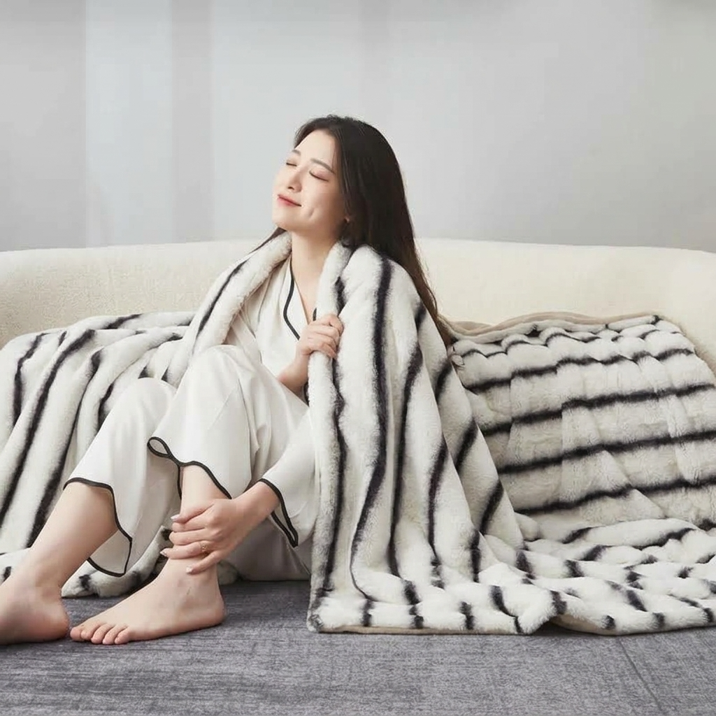 Plaid Blanc – Fausse Fourrure Moelleuse à Relief Rayé - vue 2 | Aolina