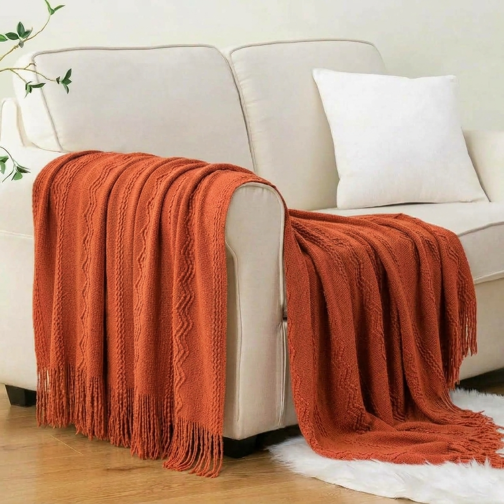 Plaid Orange – Tricoté à Motifs en Relief & Franges - vue 2 | Aolina