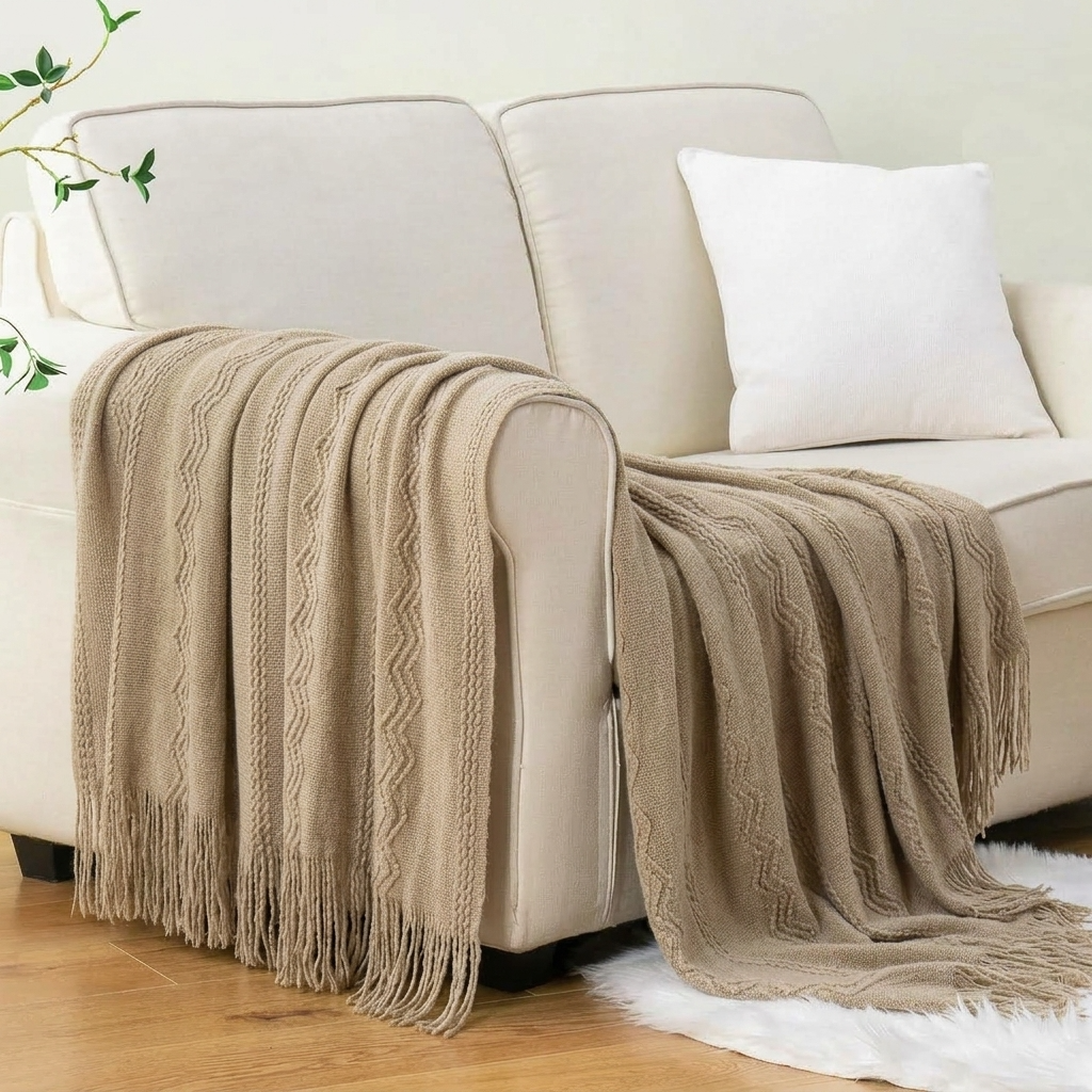 Plaid Beige – Tricoté à Motifs en Relief & Franges - vue 2 | Aolina