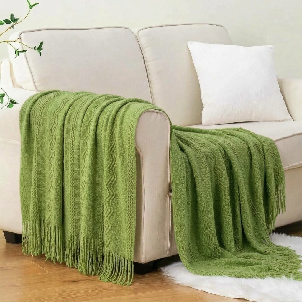 Plaid Olive – Tricoté à Motifs en Relief & Franges - vue 1 | Aolina