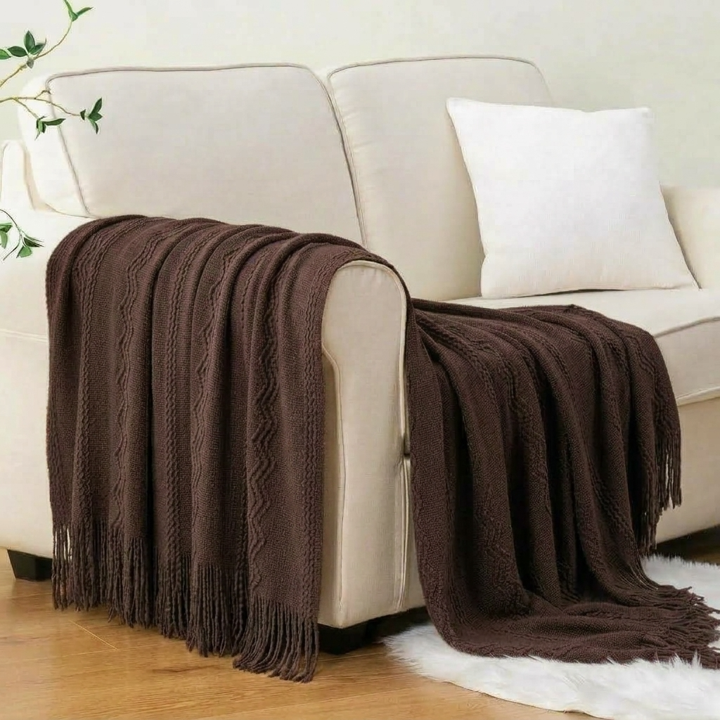 Plaid Marron – Tricoté à Motifs en Relief & Franges - vue 1 | Aolina