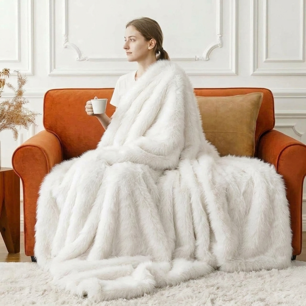 Plaid Blanc – Fausse Fourrure Douce à Poils Longs - vue 2 | Aolina