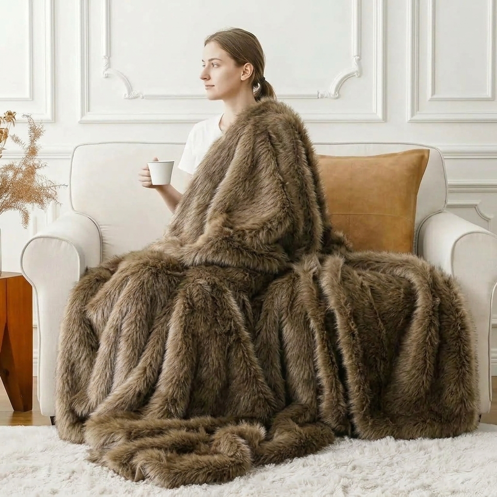 Plaid Taupe – Fausse Fourrure Douce à Poils Longs - vue 4 | Aolina
