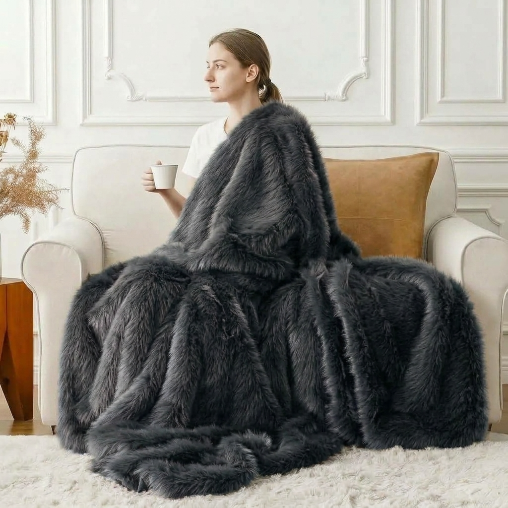 Plaid Gris – Fausse Fourrure Douce à Poils Longs - vue 3 | Aolina